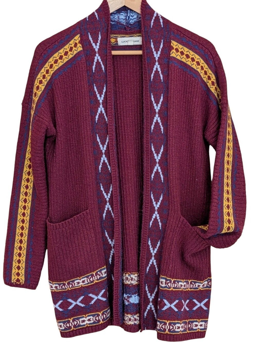 Lucky Brand Maroon Open-Front Knit Cardigan with Yellow and Light Blue Accents L